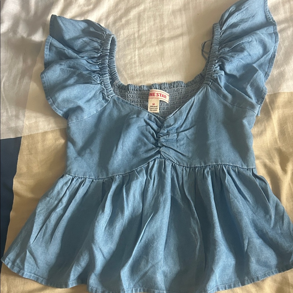 Chic Blue Ruffle Sleeve Kids Blouse